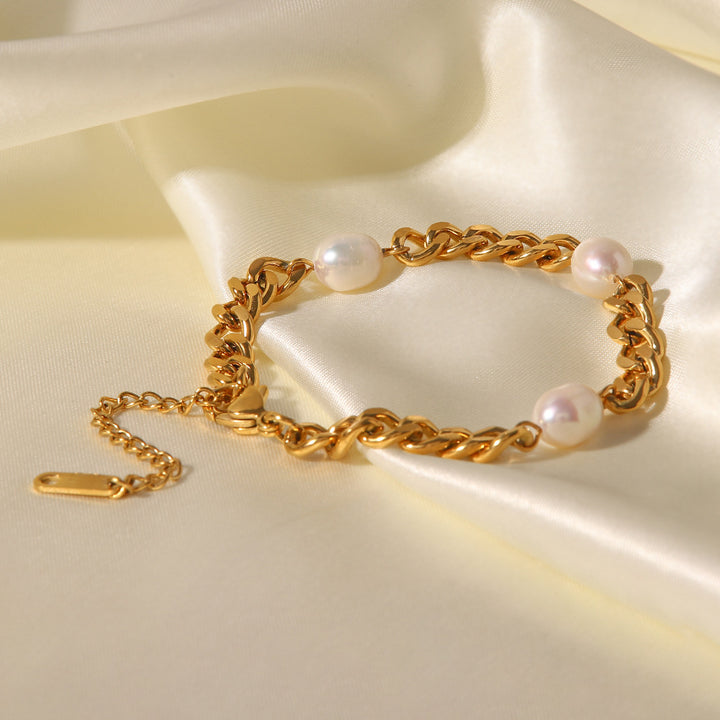 Cadena de enlace cubana de acero inoxidable tres Perrantillas temperamentales simples de moda perla