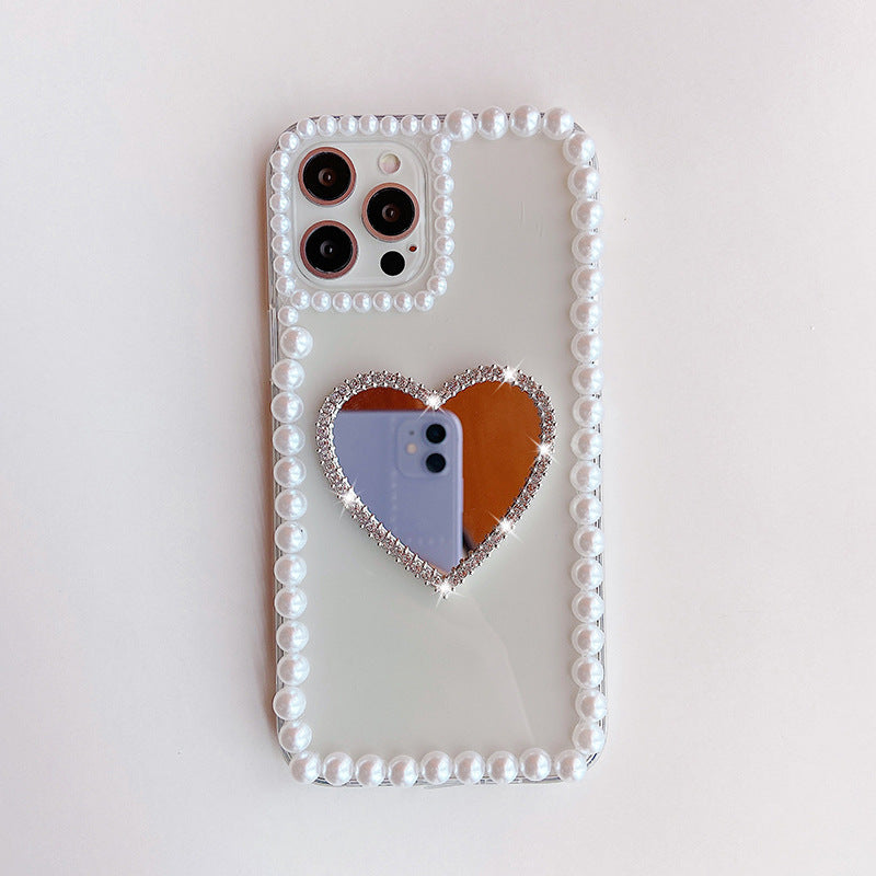 Acryl Pearl Heart Mirror Rhinestone Mobile Phone Shell