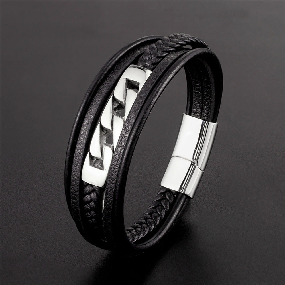 Popular Stainless Steel Leather Rope Multi-layer Woven Bracelet