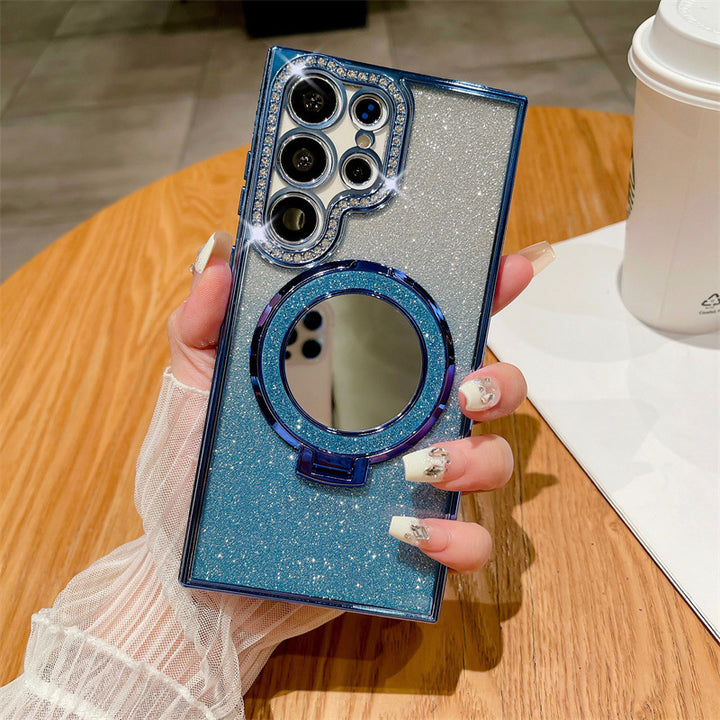 Rhinestone Glitter Magnetic Suction Mirror Bracket Drop-resistant Soft Case Phone Case