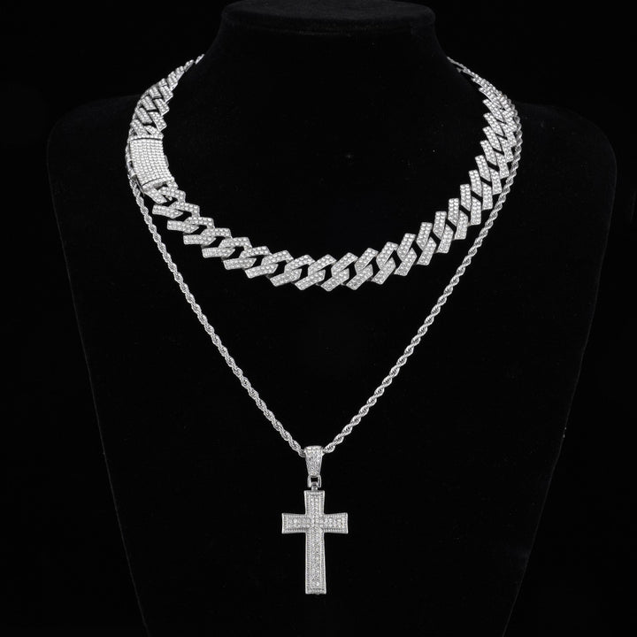 Full Diamond Cross Pendant Cuban Link Chain