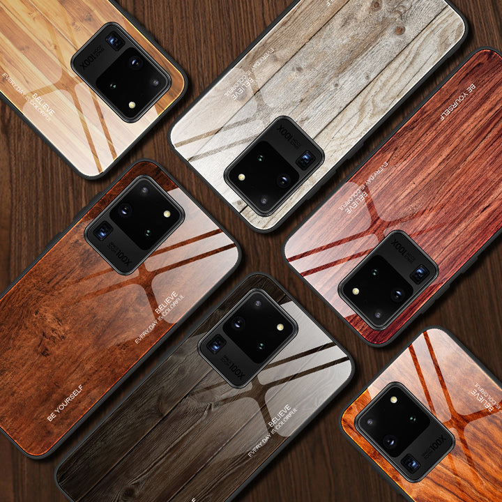 Caja de teléfono de vidrio templado de grano de madera