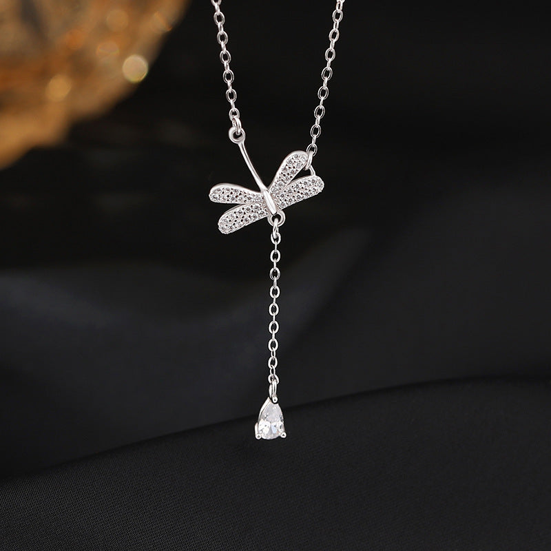 Dragonfly Water Drop Tassel Necklace For Women Sterling Silver Simple