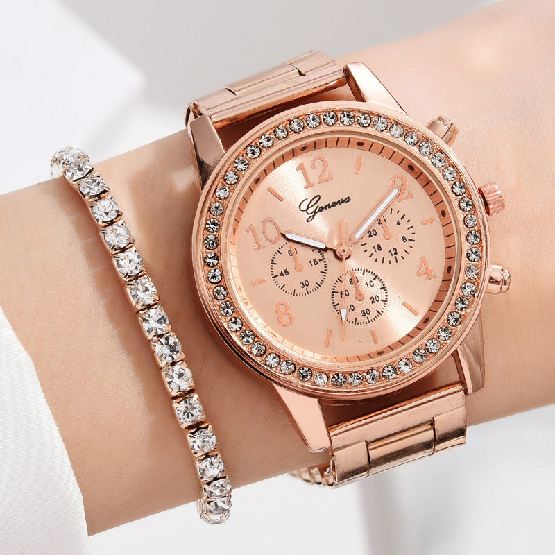 Dames met drie ogen quartz diamant-ingebedde horloge