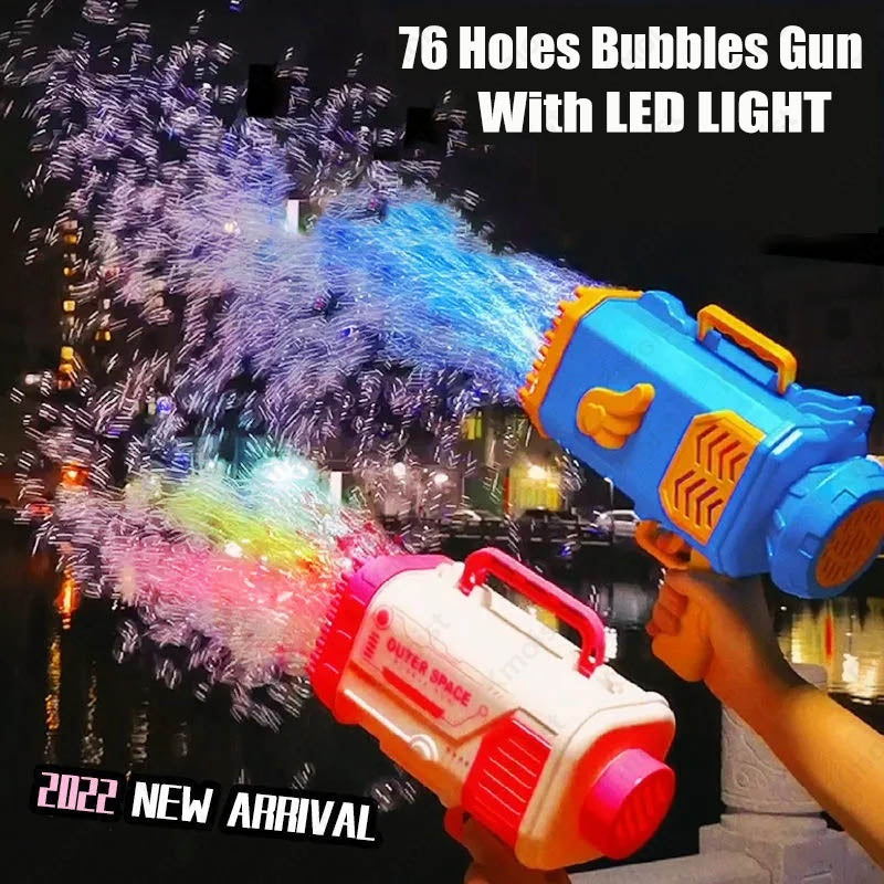 Bubble Gun Rocket 69 agujeros Burbujas Burbujas Forma de la ametralladora Soplador automático con juguetes ligeros para niños Pomperos