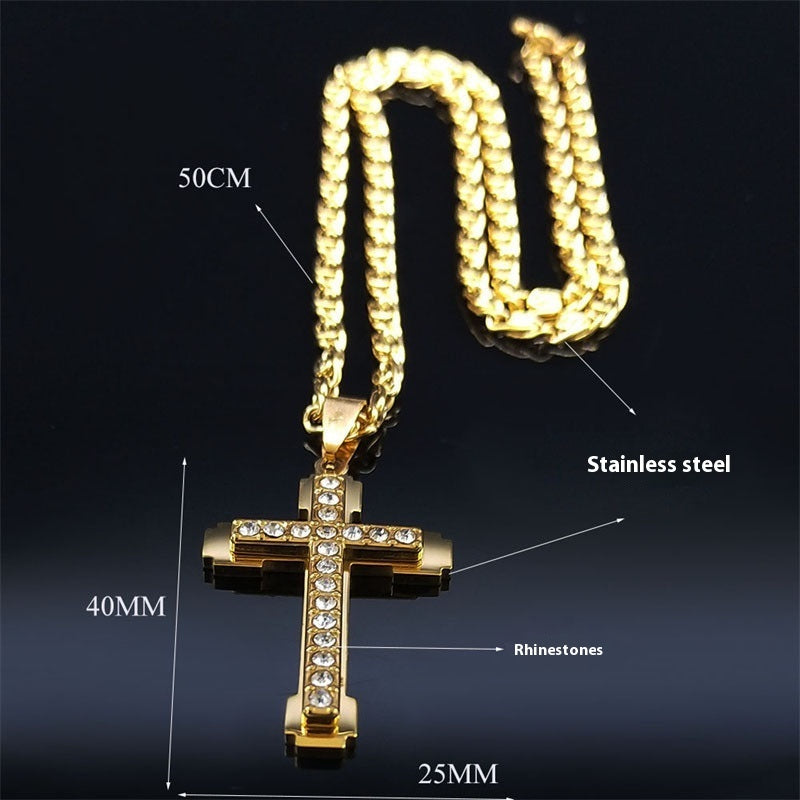 Special-interest Design High-grade Stainless Steel Cross Shelf Necklace Diamond Inlaid Clavicle Chain