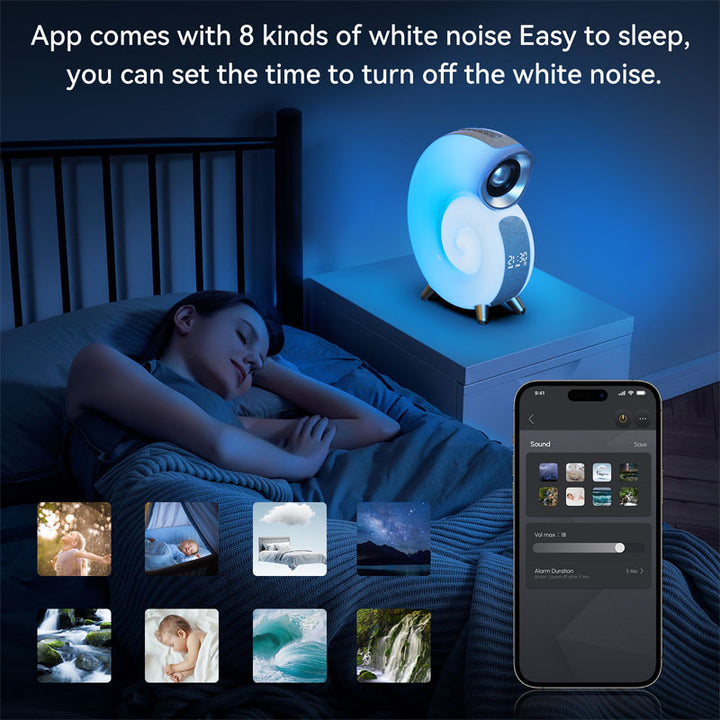 Conch Smart RGB атмосфера светлотух головок будильника будильника будильника лампа для пробуждения белый шум для управления приложением для спящего ребенка
