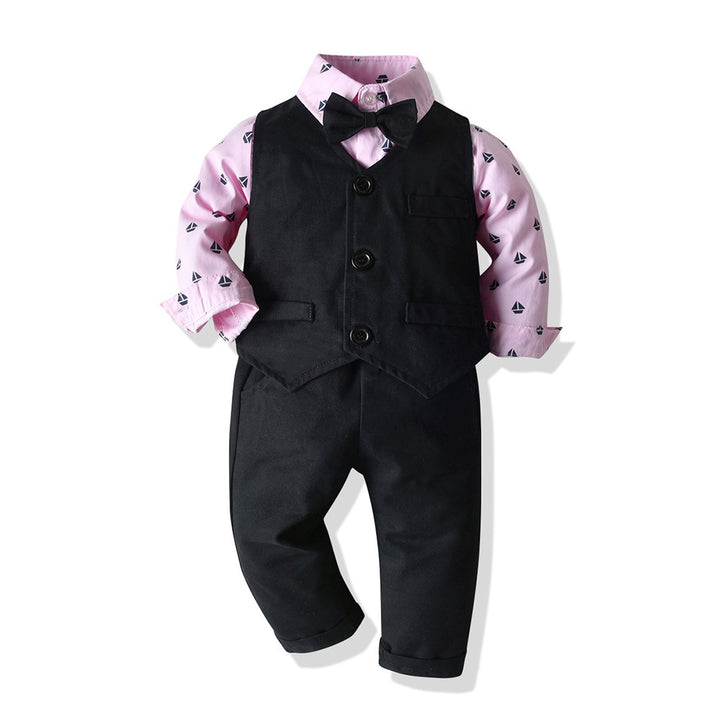 Топ и верхние мальчики джентльменская одежда набор хлопка с длинным рубашкой для бабочки+жилет+брюки 3pcs костюма детская повседневная одежда набор одежды