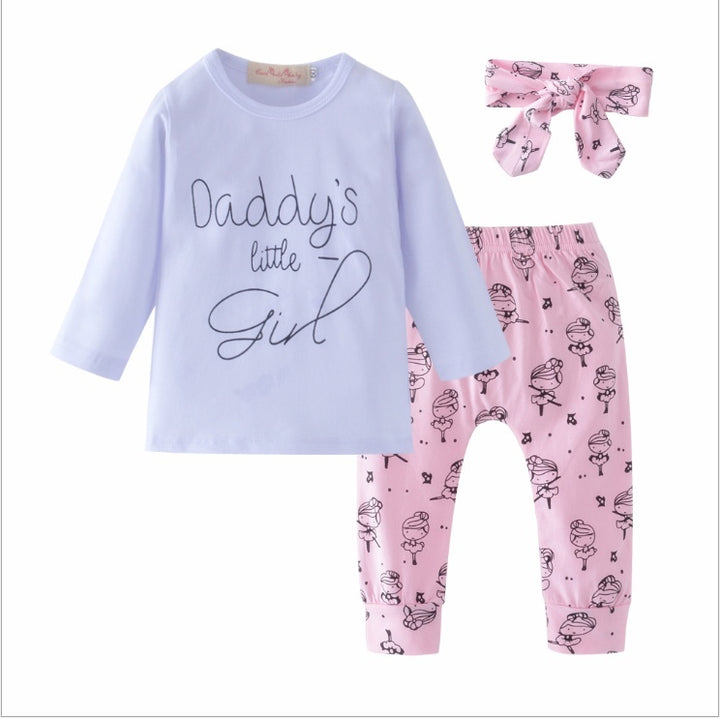 Spädbarnsflickor kläder pappas lilla flicka t-shirt tecknad byxor pannband småbarn kläder klädset