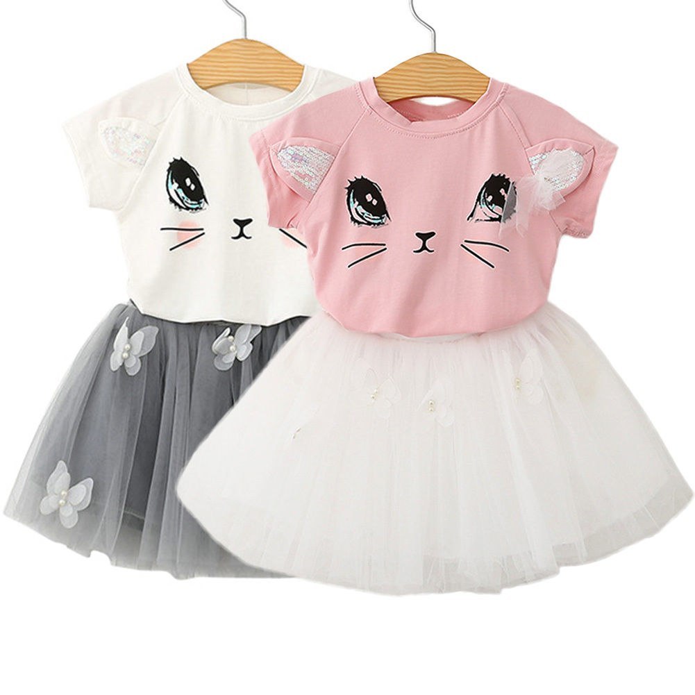 Nowe dziewczyny dzieci słodkie dziecko kot z krótkim rękawem T-shirt motyl z koralikami puffy spódnica zestaw