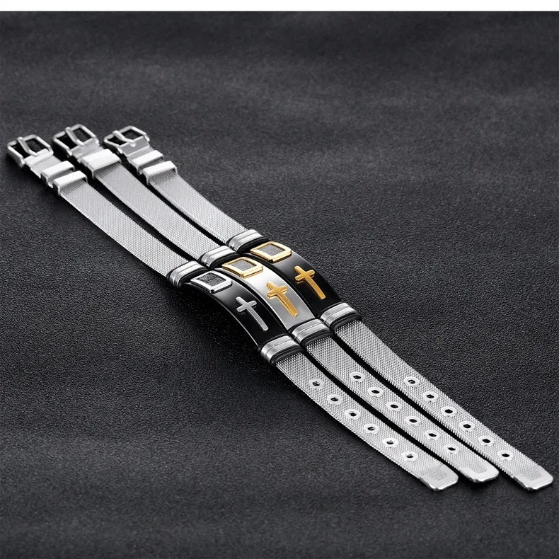 Pulseira ajustável masculina 3d cruzamento de aço inoxidável pulseiras de malha de aço pulseiras