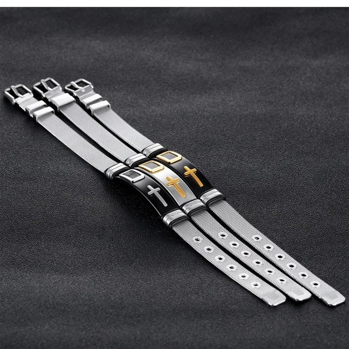 Ein einstellbares Armband für Männer 3D -Kreuz aus Edelstahl -Maschenkette Armbänder Armreifen Armbänder