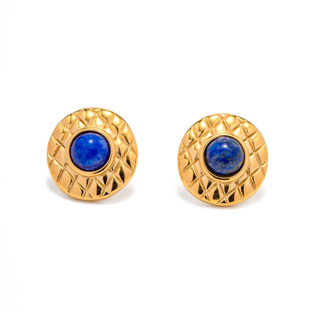 Retro Antique Style Personalized Minority 18K Stainless Steel Inlaid Lapis Lazuli Pearl Earrings