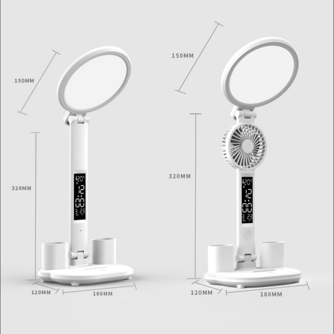 Lámpara de mesa de reloj LED USB USB CARGABLE Lámpara de escritorio dimmable Luz de ventilador LED Luz de protección de ojo plegable Luz de lectura