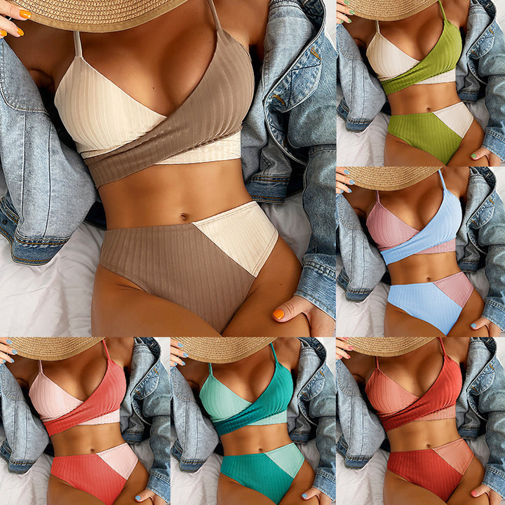 Bikini Patchwork Badebekleidung gerippte Frauen Badeanzug Knoten Rücken Strandbekleidung gerissen Biquinis Badeanzüge