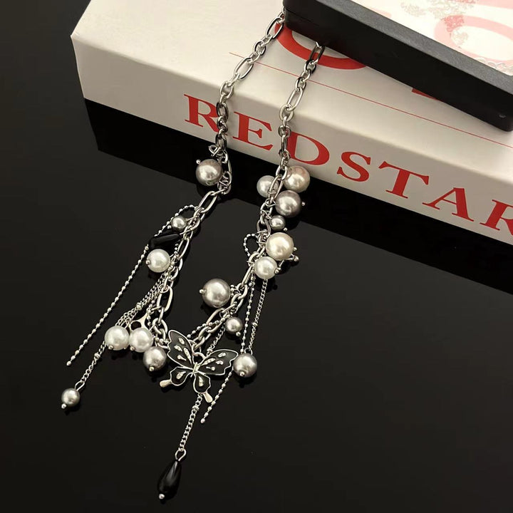 Collar de mariposa de perlas para mujeres de Hip Hop Trendy Fold Pearl