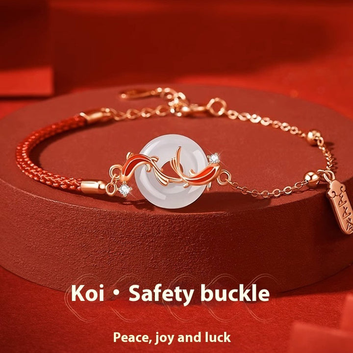 Landing Koi Hetian Jade Safety Buckle Armband S925 Sterling Silver Red Rope Animal Year Lucky Bead