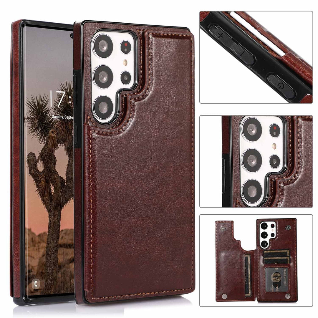 Solid Color Double Buckle Crazy Horse Pattern Leather Phone Case