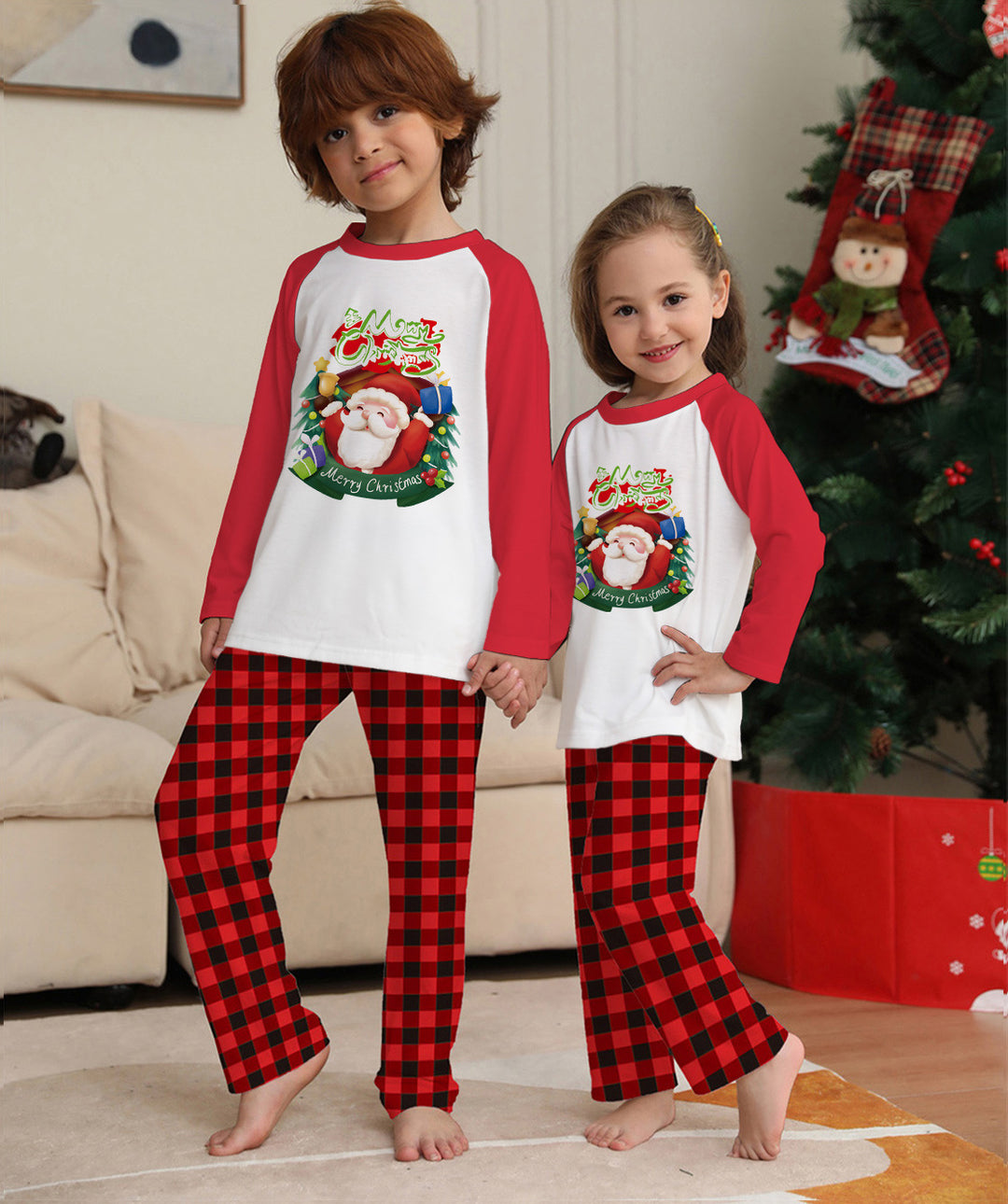 Karácsonyi szülő-gyermek ruhák szett hosszú ujjú póló kockás nadrág család illesztő pizsamák