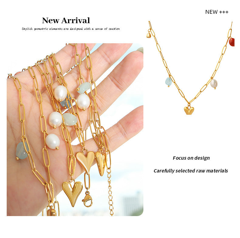 Fashion Creative Design Sense Niche Personality Accessories Freshwater Pearl Gold Plated Peach Heart Lotus Seedpod Natural Stone Necklace