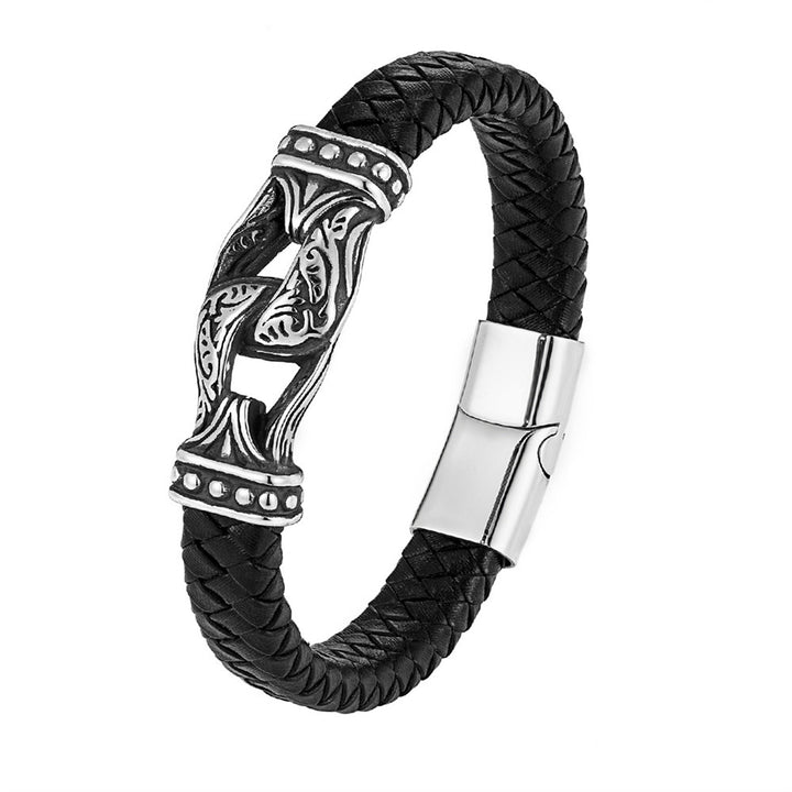 Stainless Steel Jewelry Double Stirrup Tibetan Men's Authentic Leather Weave Bracelet
