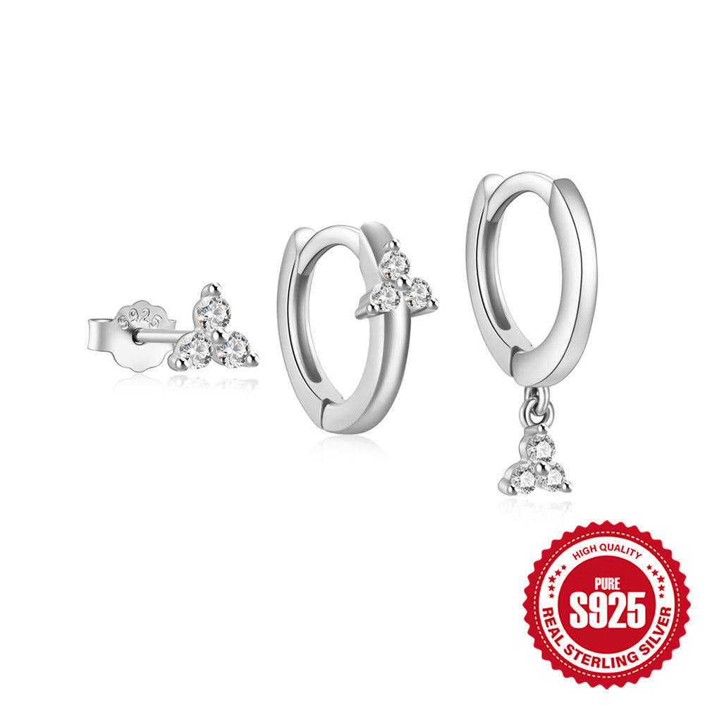 S925 Sterling Silber Fashion Einfache Mini Geometrische glänzende runde achtspitze Sterne Einreihe Zirkon Set Ohrringe