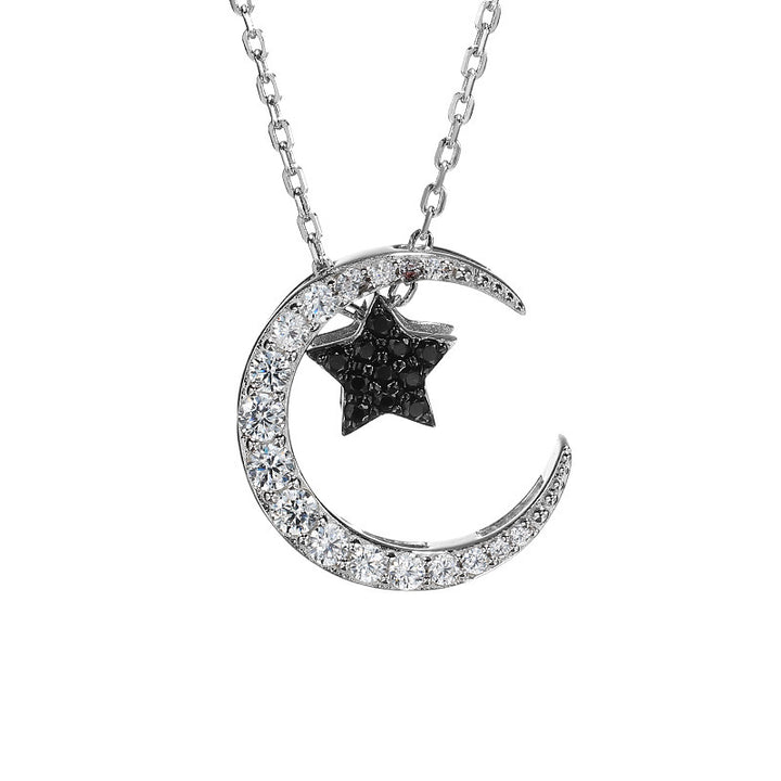 Damen Sterling Silber mit zwei Farben Pentagramm Mond Full Diamond Halskette