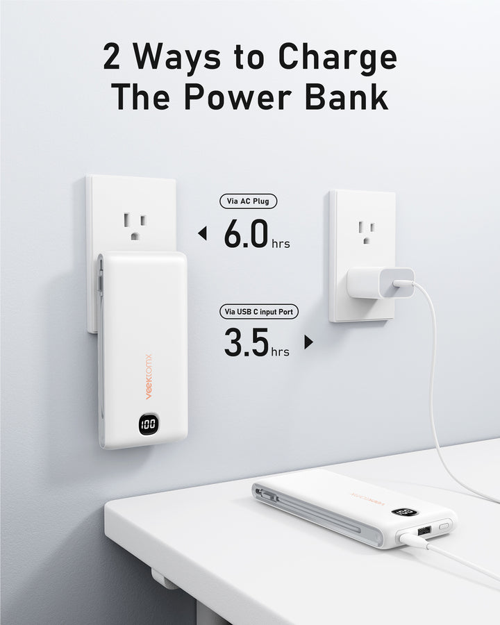 Power Bank med inbyggda kablar 10000mAh, bärbar laddare för med inbyggd AC -väggkontakt, snabbt laddar USB C Slim Charger med LED Display Com