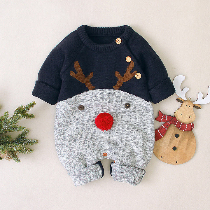 男の子と女の子は漫画鹿のロンパークリスマスセーターを編んだ