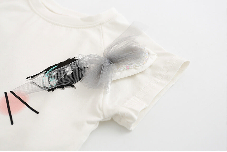 Нови момичета деца сладък дете котка с къс ръкав тениска пеперуда с мъниста подпухнала пола пола