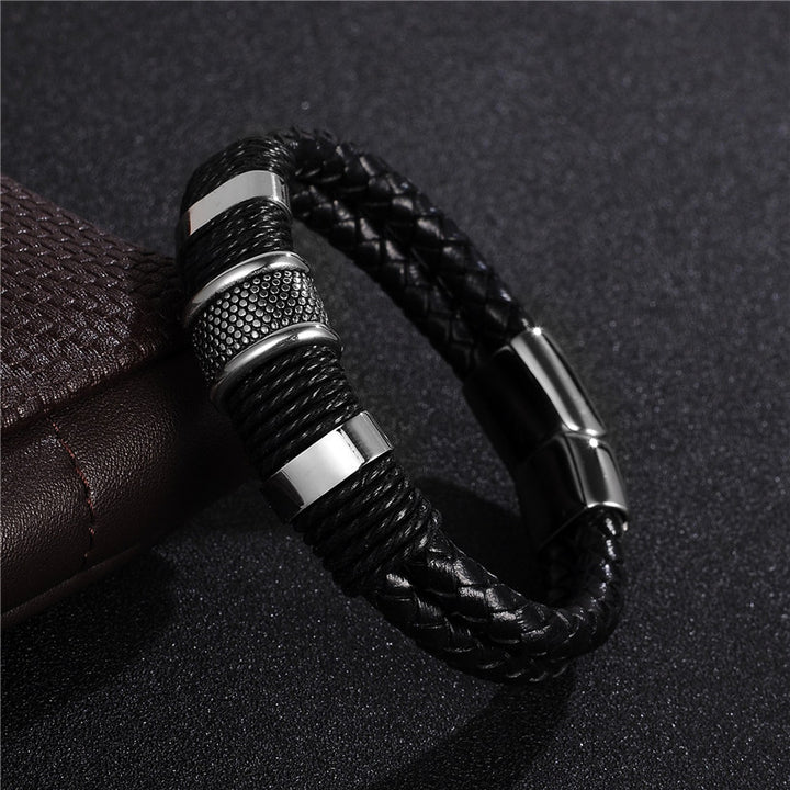 Fashion Black Braid Woven Leather Bracelet Titanium Stainless Steel Bracelet Men Bangle Men Jewelry Vintage Gift