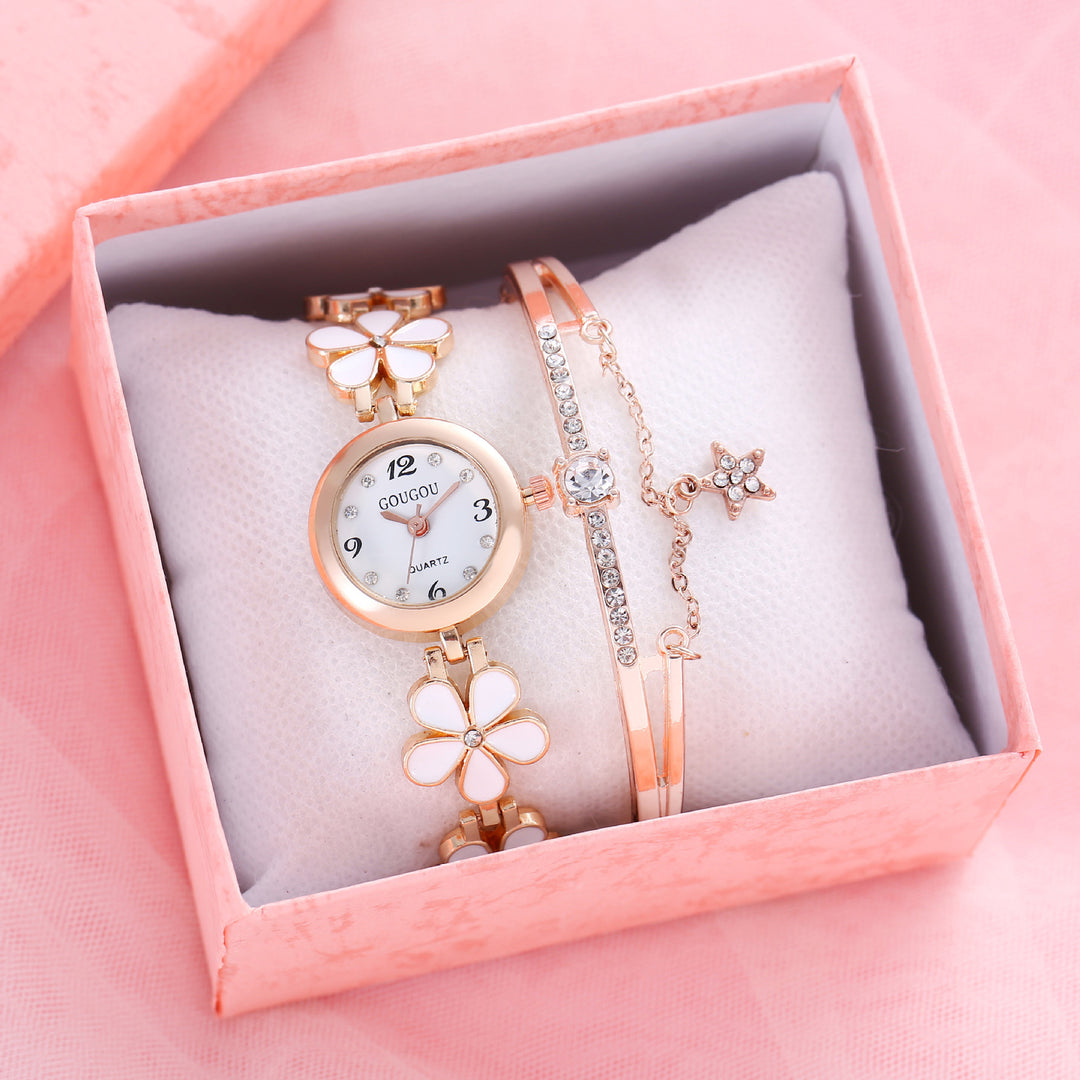 Set de brazalete de reloj de cuarzo estampado de pétalo de damas