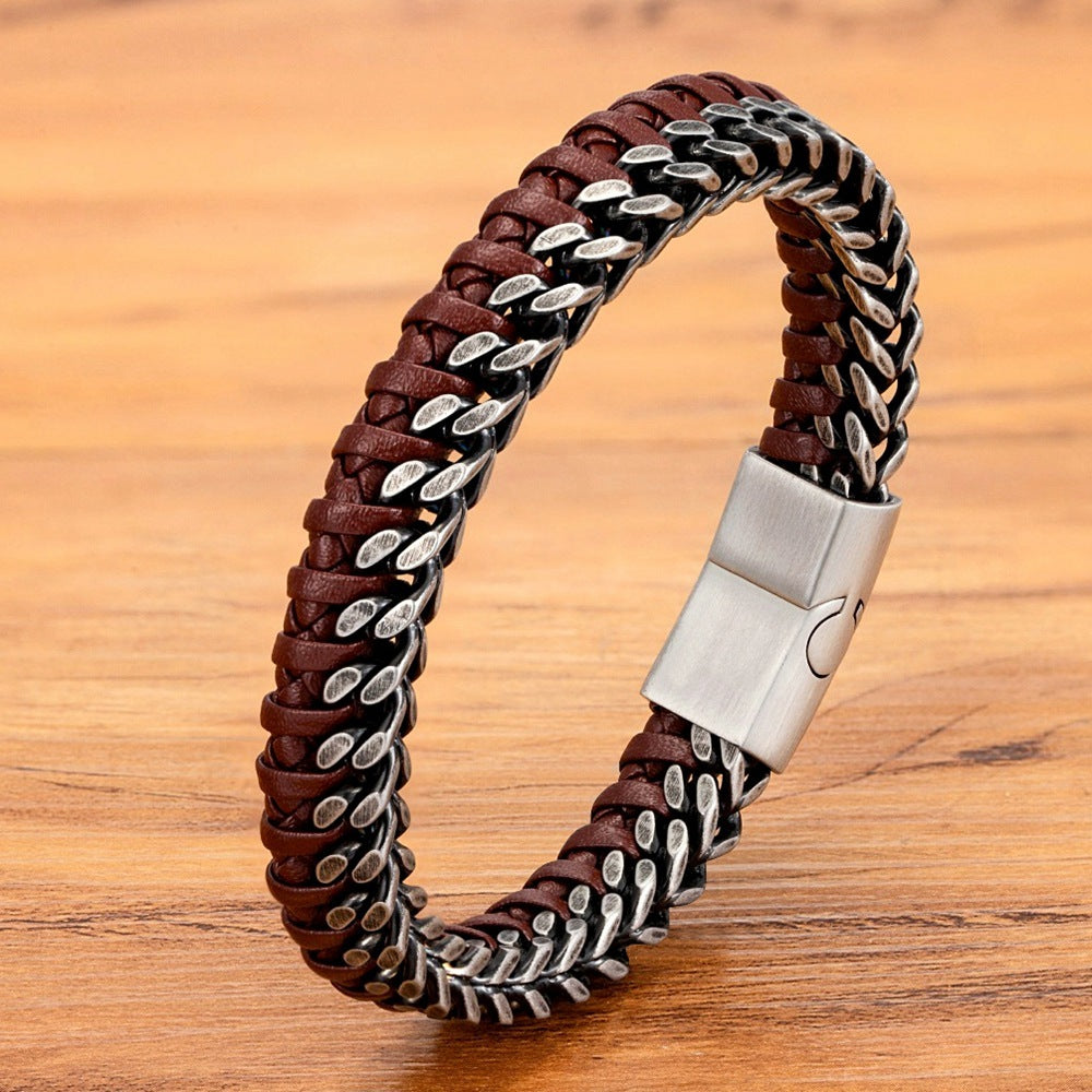 Vintage Leder gewebtes Männer -Stahl -Schnalle -Armband für Herren.