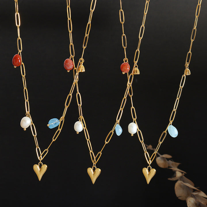 Fashion Creative Design Sense Niche Personality Accessories Freshwater Pearl Gold Plated Peach Heart Lotus Seedpod Natural Stone Necklace