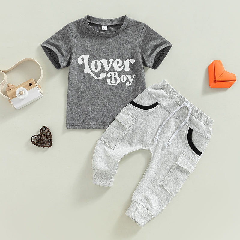 Erkek bebek kısa kollu monogram baskı tişört gri yaz giyim seti