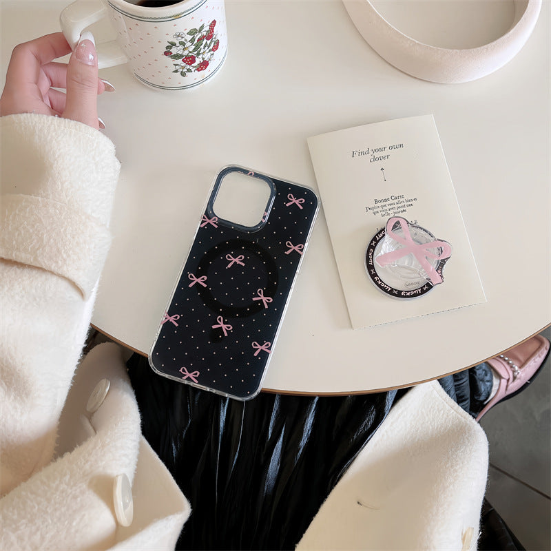 Women's Polka Dot Bow Magnetic Strap Bracket Phone Case