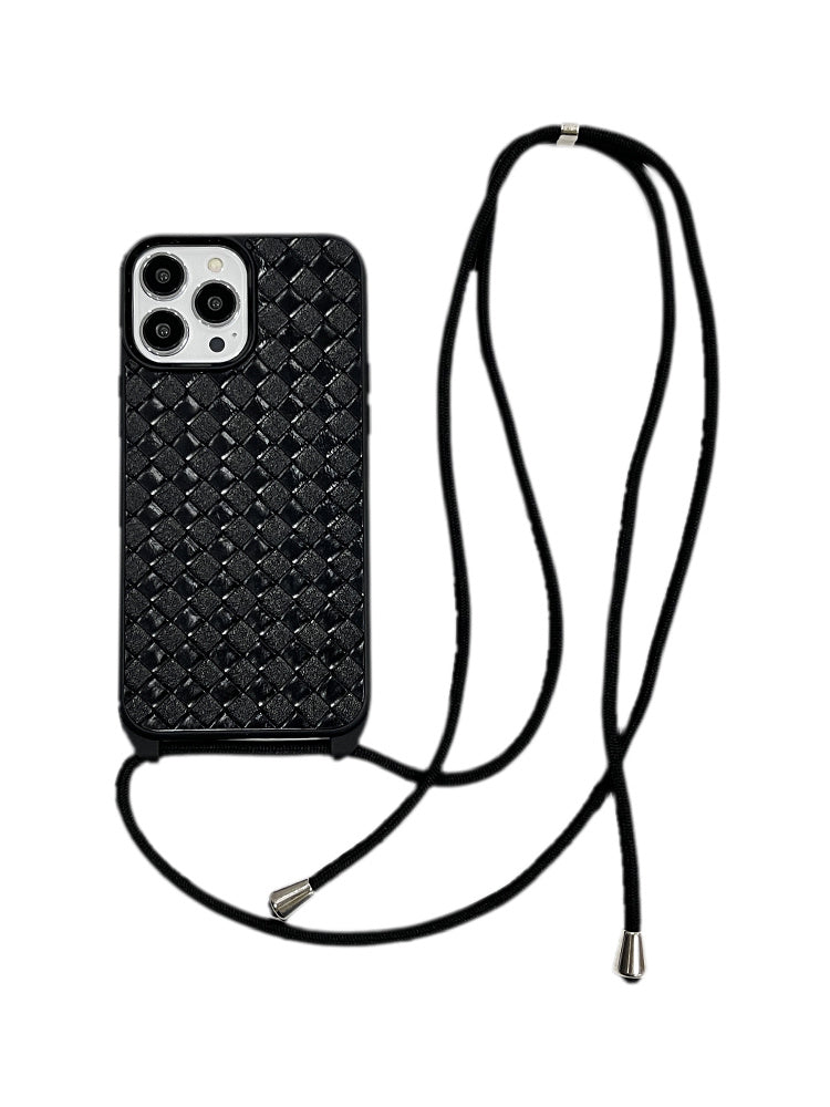 Zwart leer geweven patroon Cross-body lanyard telefoonhoesje