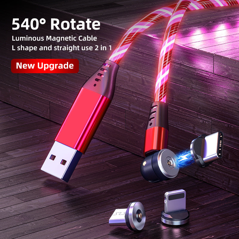 540 Forgassa el fényes mágneses kábel 3A gyors töltésű mobiltelefon -töltő kábel LED mikro USB C típusú I telefonkábelhez