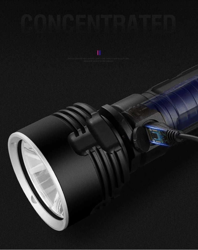 Güçlü el feneri odaklama LED flaş ışığı şarj edilebilir süper parlak LED dış mekan ksenon lamba