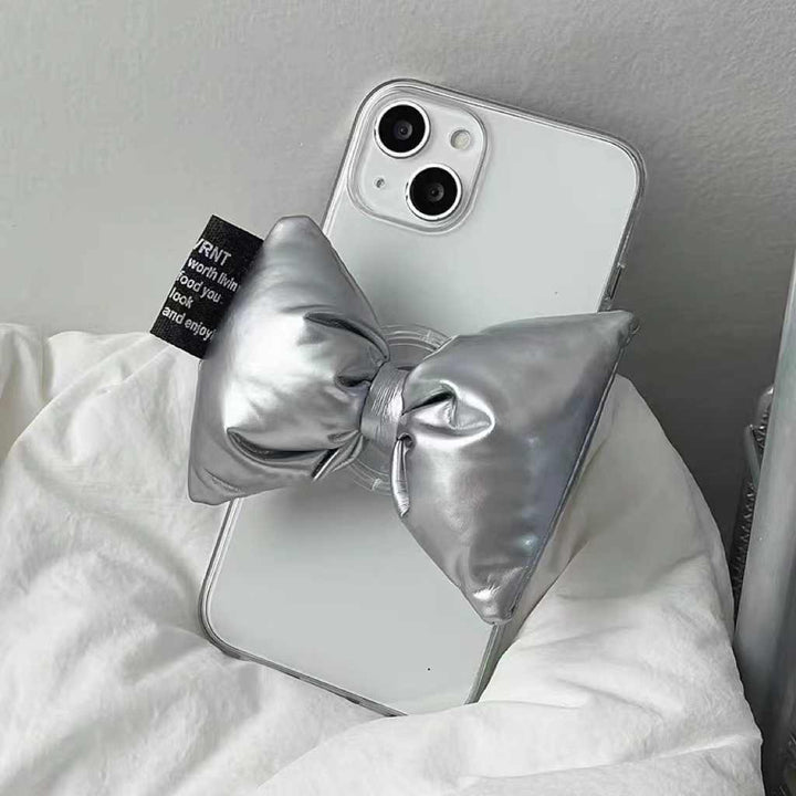 Transparent Soft Shell Silver Bow Down Stand Phone Case