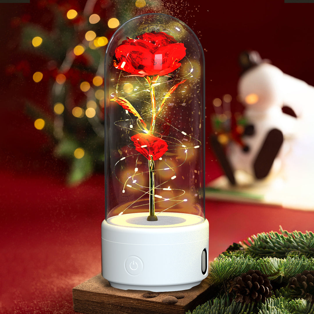Kreativ 2 in 1 Rosenblumen LED LED LICHT und Bluetooth -Lautsprecher Valentinstag Geschenk Rosenhaut Nachtlicht Ornament in Glasabdeckung
