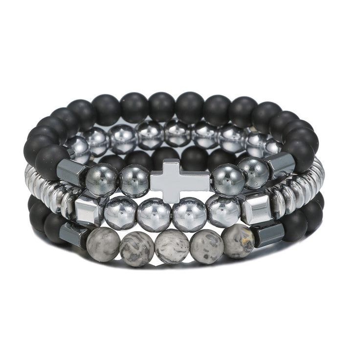 Men's Beaded Haematite Cross Bracelet Set