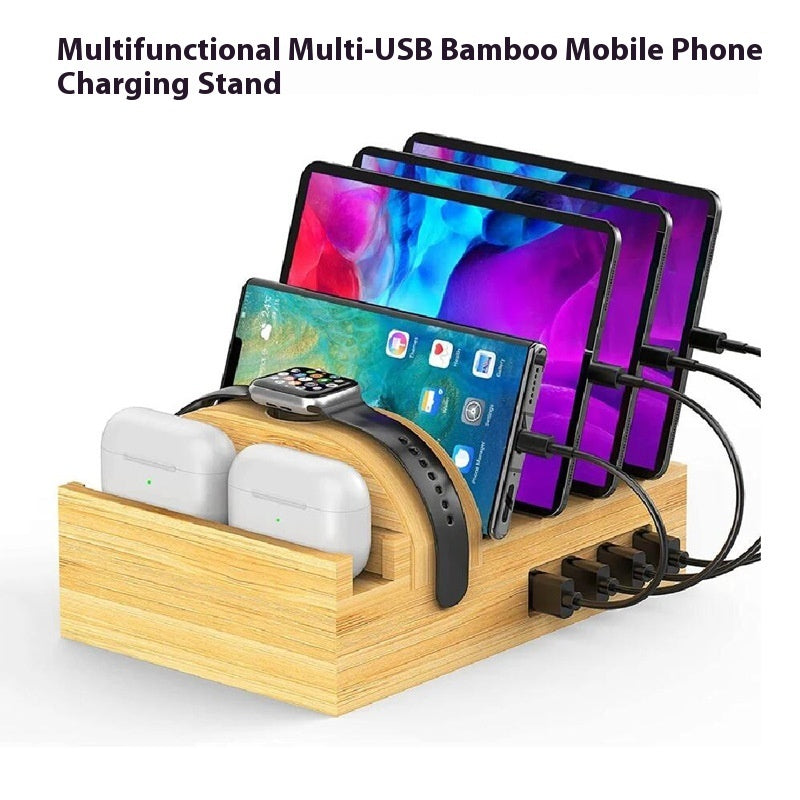 Настолен мулти-USB бамбуково зарядно скоби