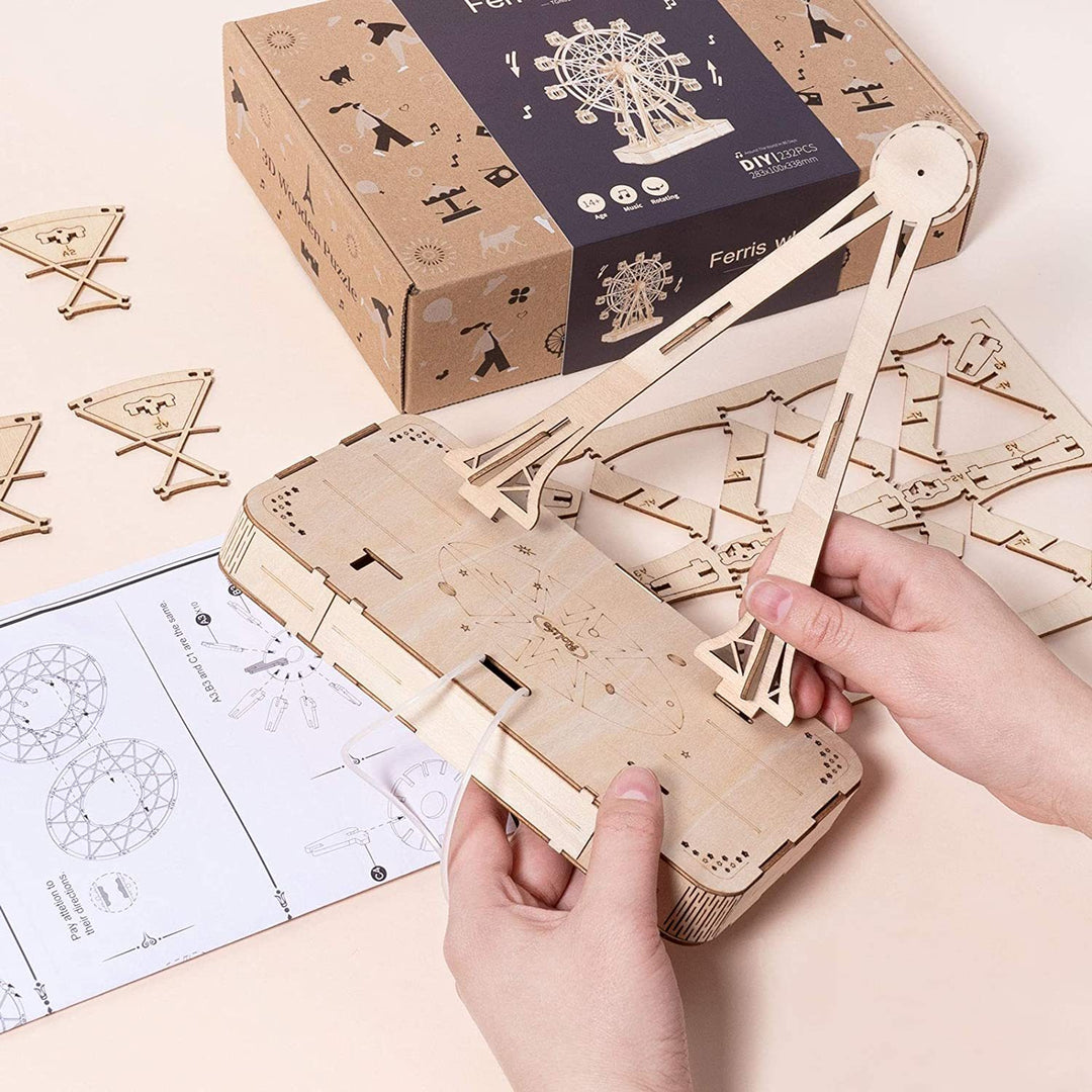 Robotime DIY din lemn rotativ Model de roată Ferris cu joacă jucării de muzică pentru copii TGN01