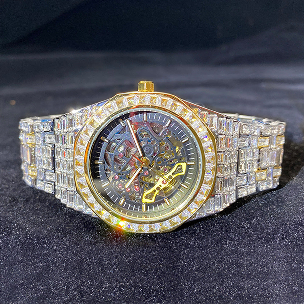 Hip Hop Full Square Diamond Luminous Hold Mechanical Watch