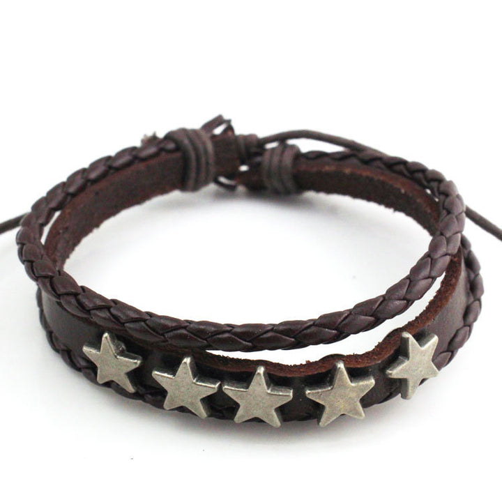 Bracelet étoile à cinq pointes en cuir en cuir masculin.