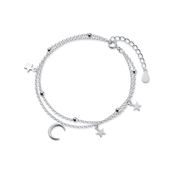 Genuine 925 Sterling Silver Fashion Double Chain Moon Star Bracelet For Women