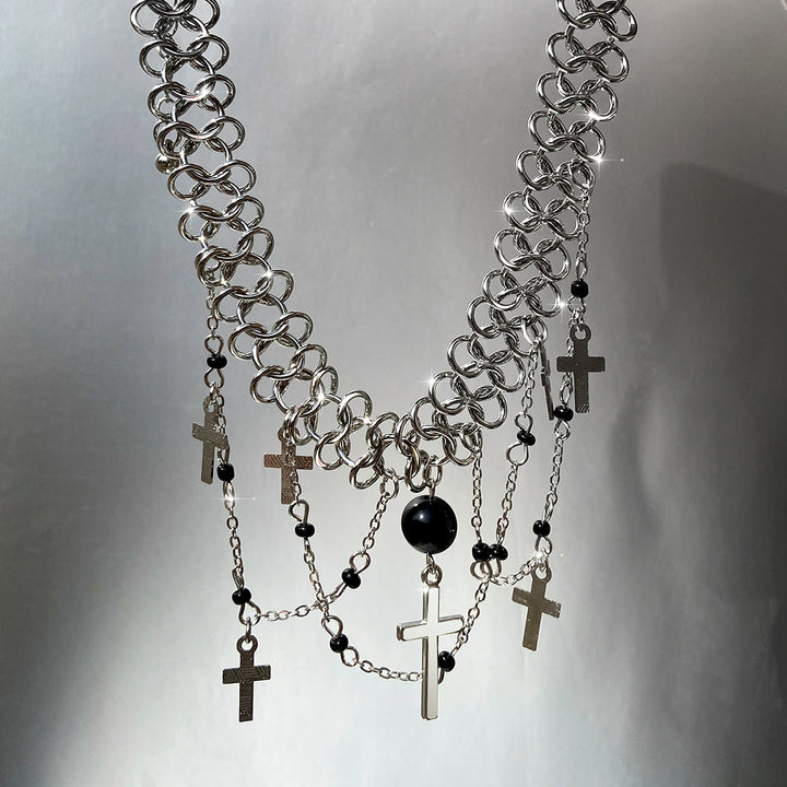 Collier de gland à chaîne métallique punk foncé, collier croix de hip-hop doux et frais