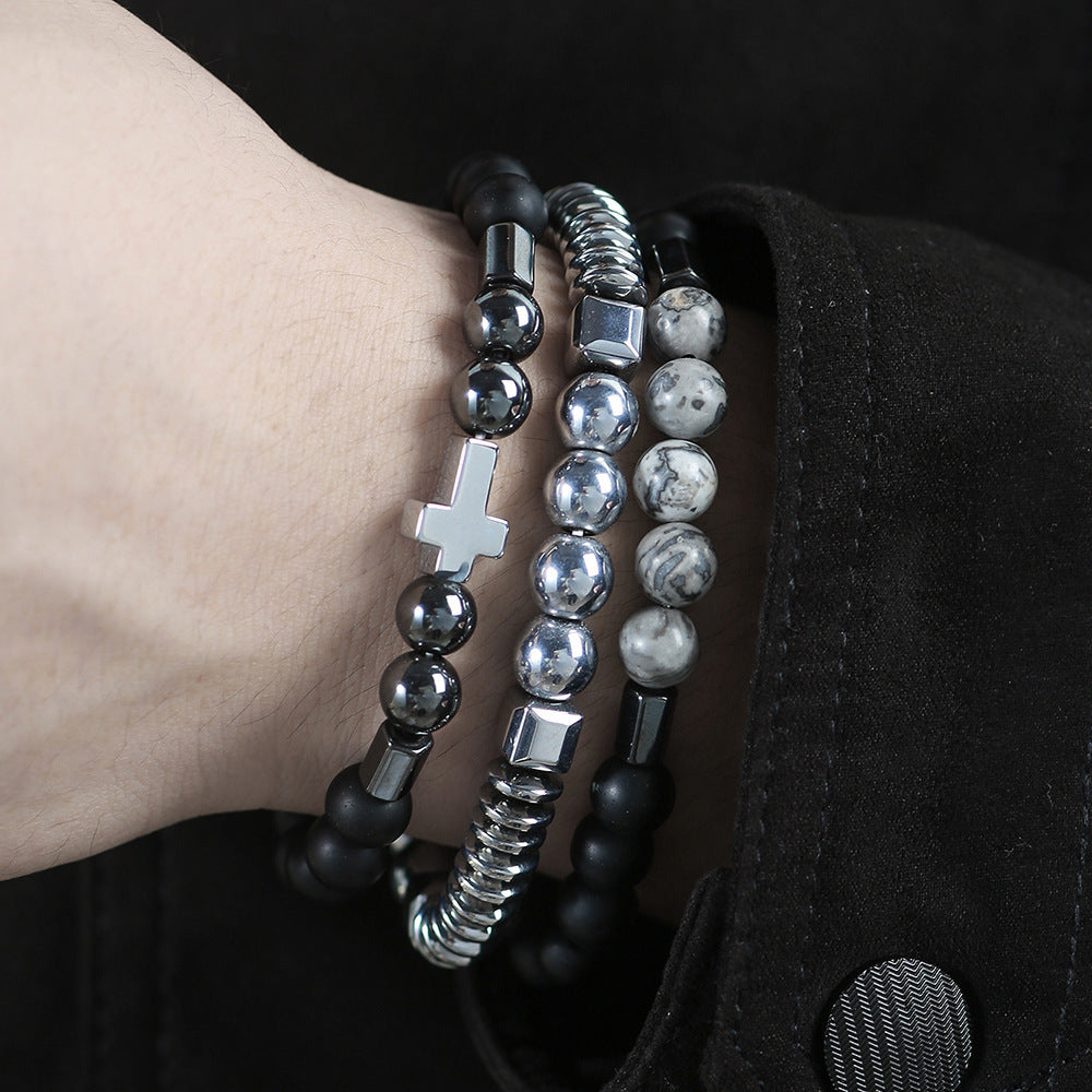 Men's Beaded Haematite Cross Bracelet Set