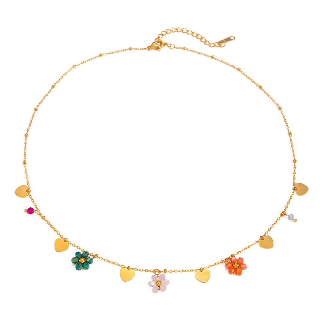 18K Gold Stainless Steel Colored Glass Bead Flower Necklace